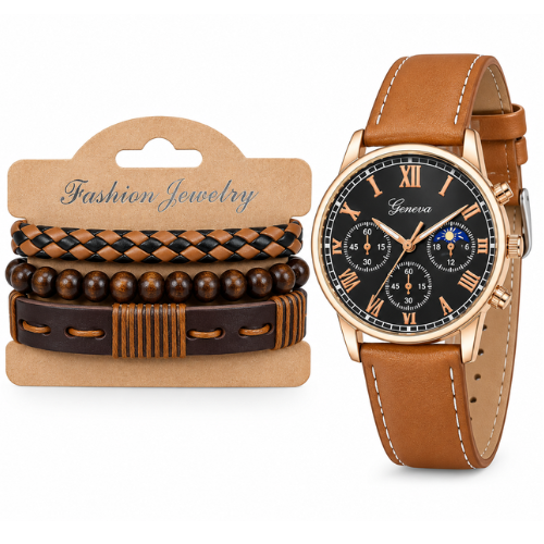 Geneva Men’s Brown Leather Strap Watch & 3-Piece Bracelet Set