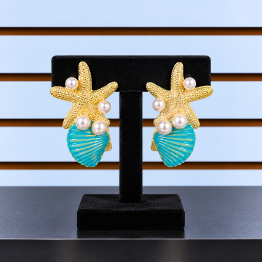 Turquoise & Gold Starfish Pearl Seashell Earrings Display