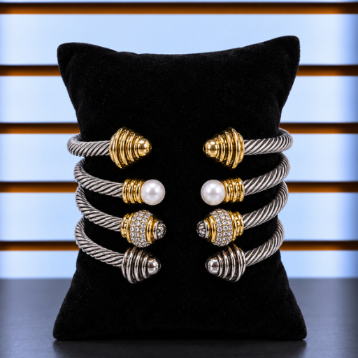 Women’s Two-Tone Cable Cuff Bracelet, Silver & Gold Open Bangle Bracelet