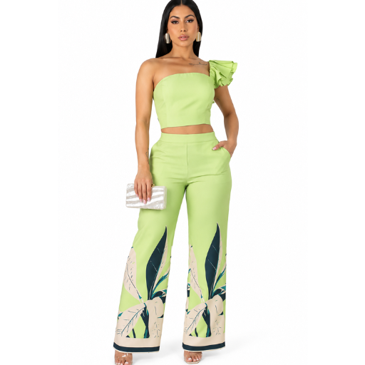 Women’s One-Shoulder Ruffle Crop Top & Printed Wide-Leg Pants Set