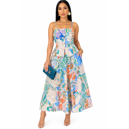Women’s Tropical Floral Print Cami Top & Maxi Skirt Two-Piece Set