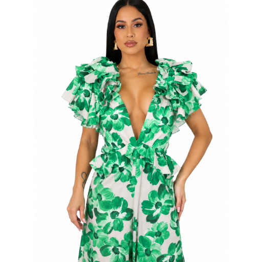 Green Floral Deep V-Neck Ruffle Sleeve Jumpsuit
