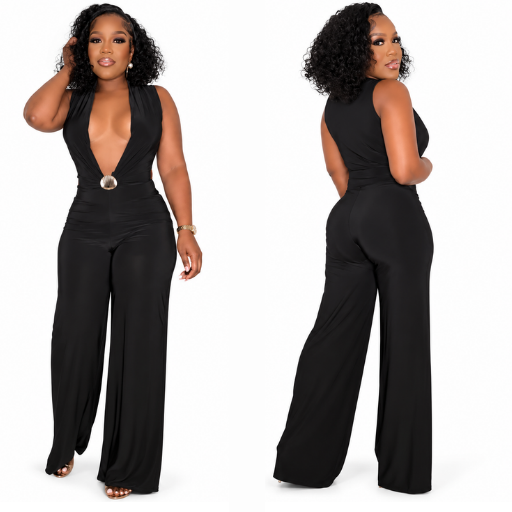 Black Plunging V-Neck Wide-Leg Jumpsuit with Gold Ring DetailBlack Plunging V-Neck Wide-Leg Jumpsuit