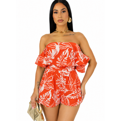 Women’s Tropical Print Off-Shoulder Ruffle Romper