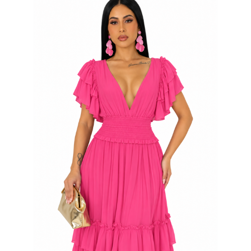 Pink Deep V-Neck Ruffle Sleeve Smocked Waist Maxi Dress