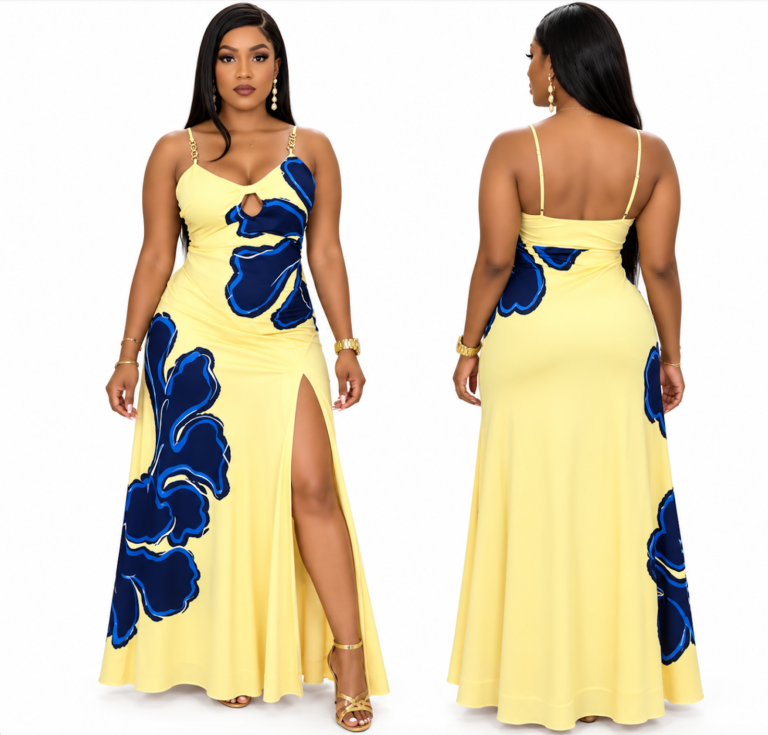Yellow & Navy Floral Maxi Dress with Thigh-High Slit